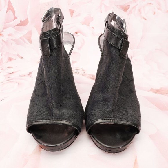 Coach Brandi Peep-Toe Bootie Heels Shoes Size 10B Black Canvas/Leather - Picture 2 of 12